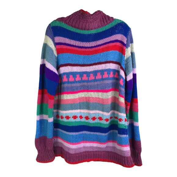 Vintage Handknit Cardigan Sweater Womens Large Preppy Cottage Core Stripes 80's - Picture 2 of 7
